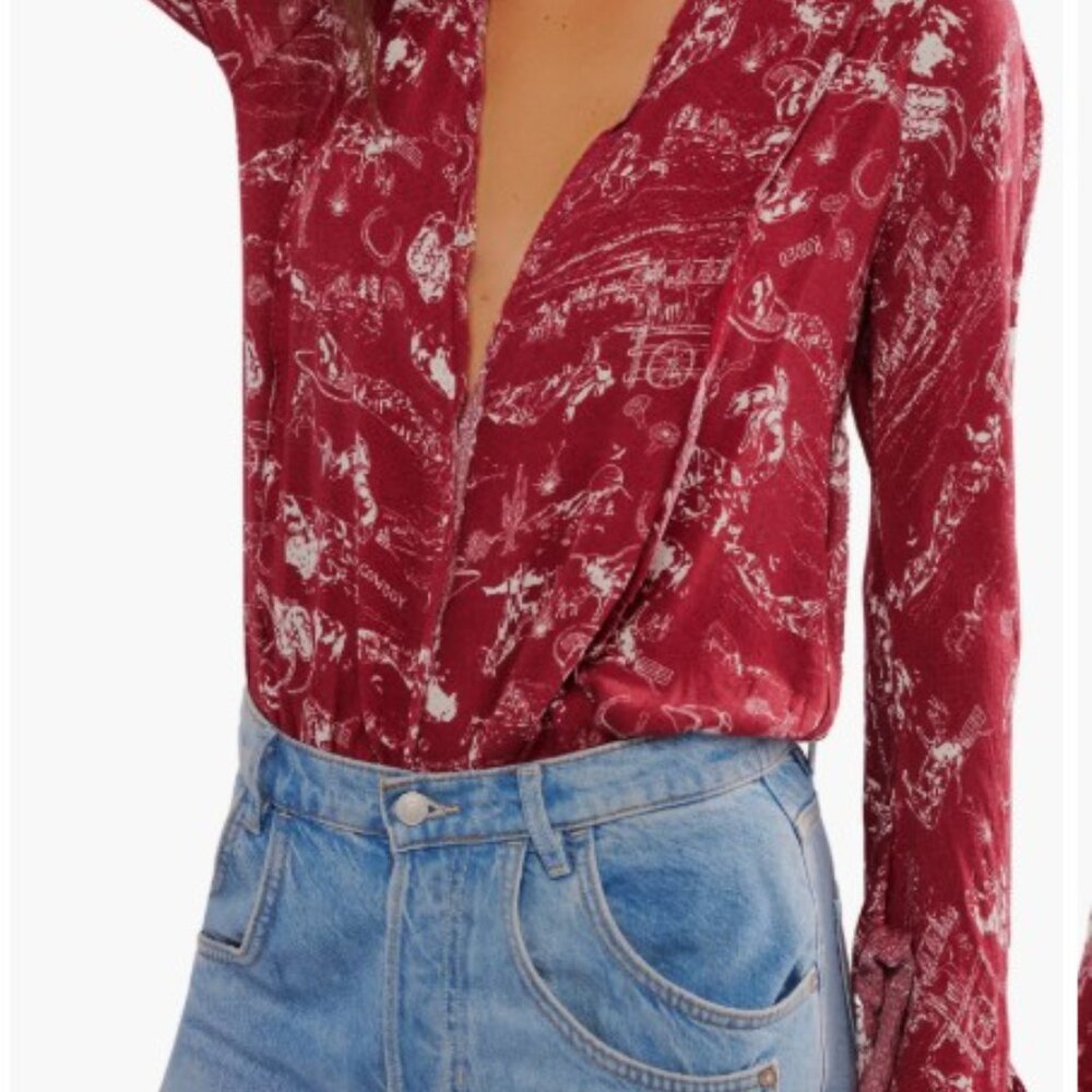 Free People New With Tags Everything's Rosy Bodysuit Western Cowboy Print sz XS